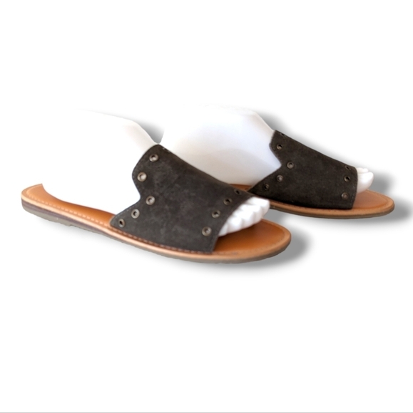 American Eagle Suede Leather Slides Slip On Sandals 10 Dark Olive Metal Grommets - Picture 1 of 10